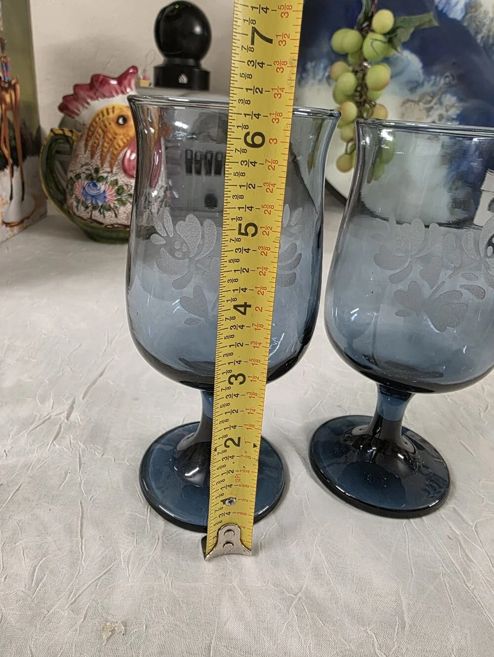 Pfaltzgraff Yorktowne Blue Glass  Water Goblets 6.5'' Set Of 2 Etched Design